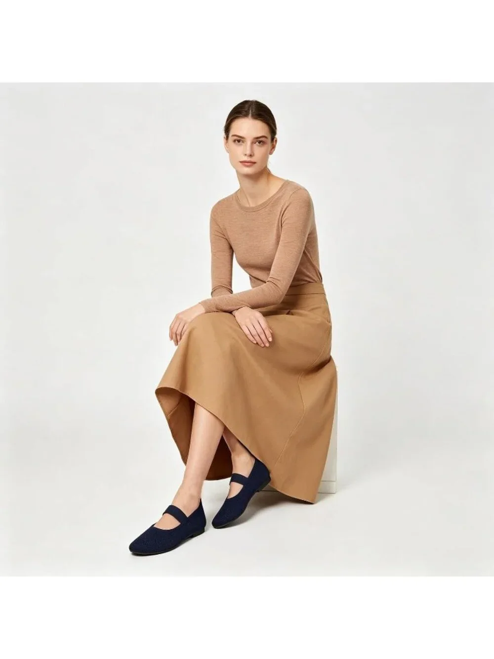 Women's Navy Knit Round Toe Ballet Flat Elastic Strap Slip On Comfortable Shoes